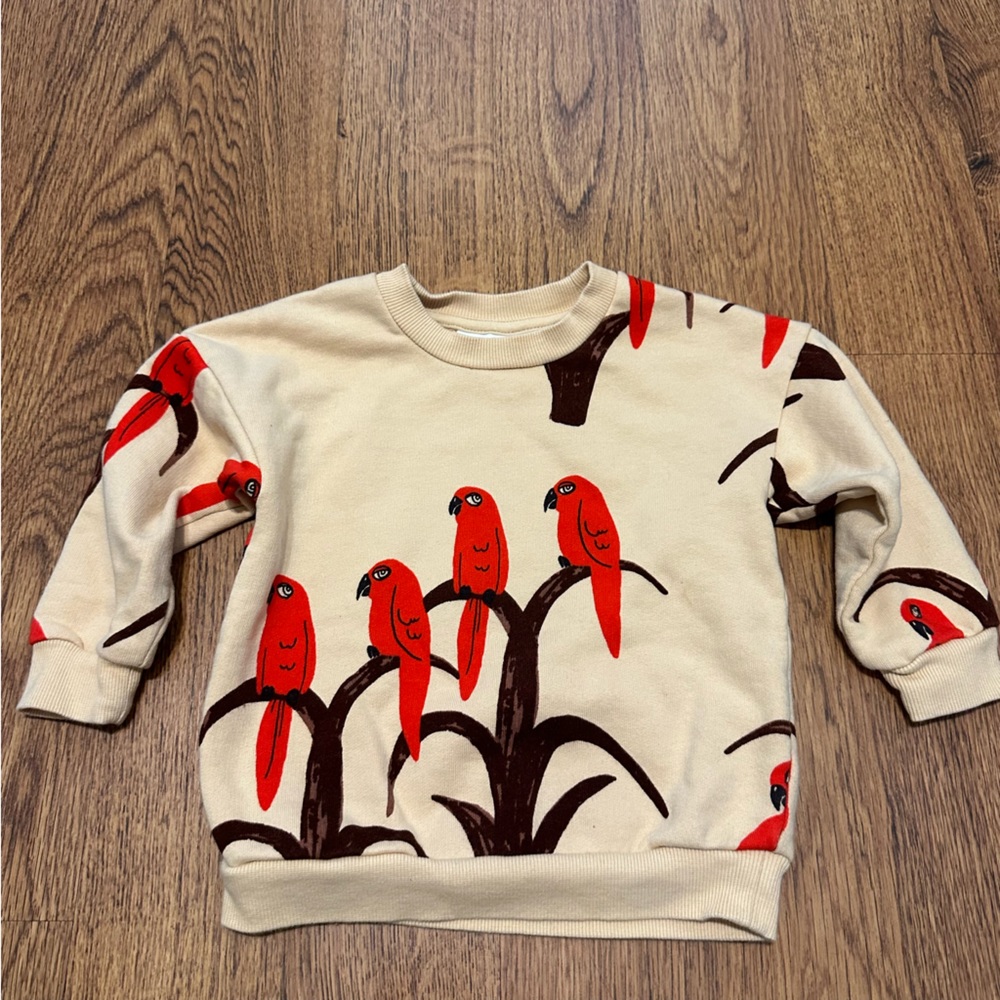 Mini Rodini Beige Red Bird Graphic Crewneck Long Sleeve Cotton Sweatshirt